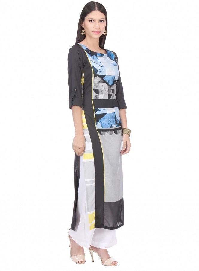 Black Printed 3/4 Sleeve kurta - wforwoman