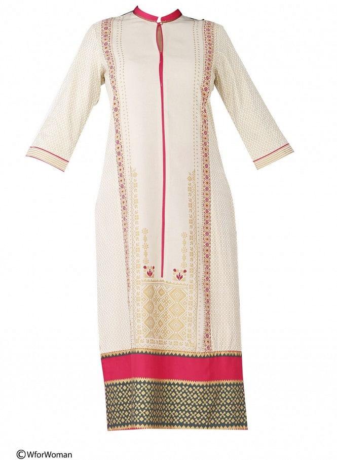 Beige Printed 3/4 Sleeve kurta - wforwoman