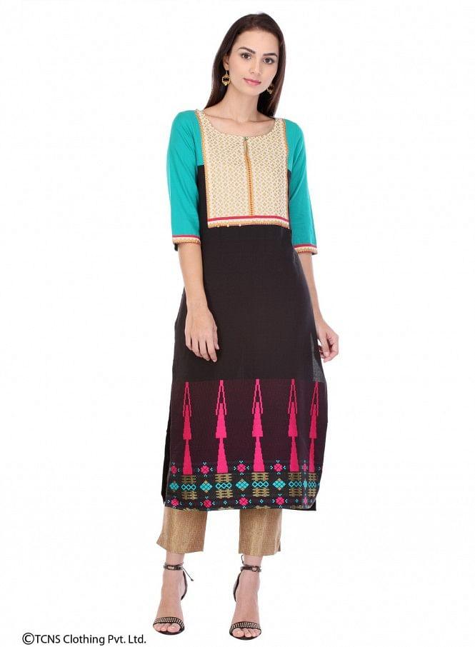 Blue Printed 3/4 Sleeve kurta - wforwoman