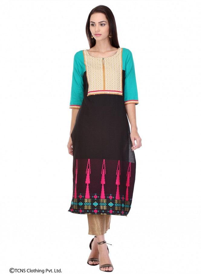 Blue Printed 3/4 Sleeve kurta - wforwoman