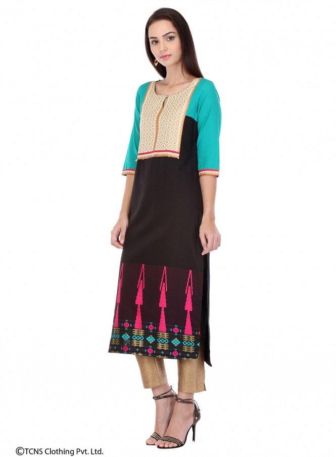 Blue Printed 3/4 Sleeve kurta - wforwoman