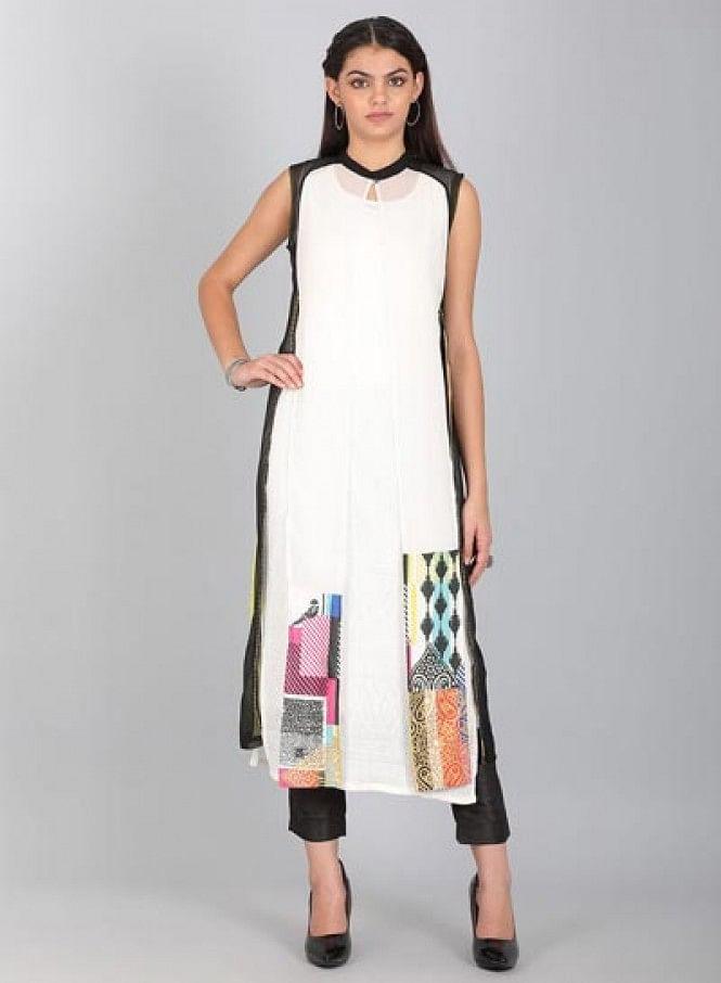 Black Mandarin Neck Solid kurta - wforwoman