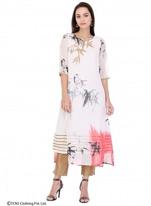 White Printed 3/4 Sleeve kurta