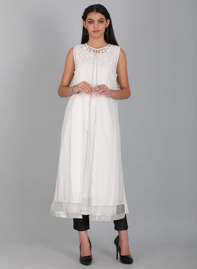 White Round Neck Printed Gillet - wforwoman