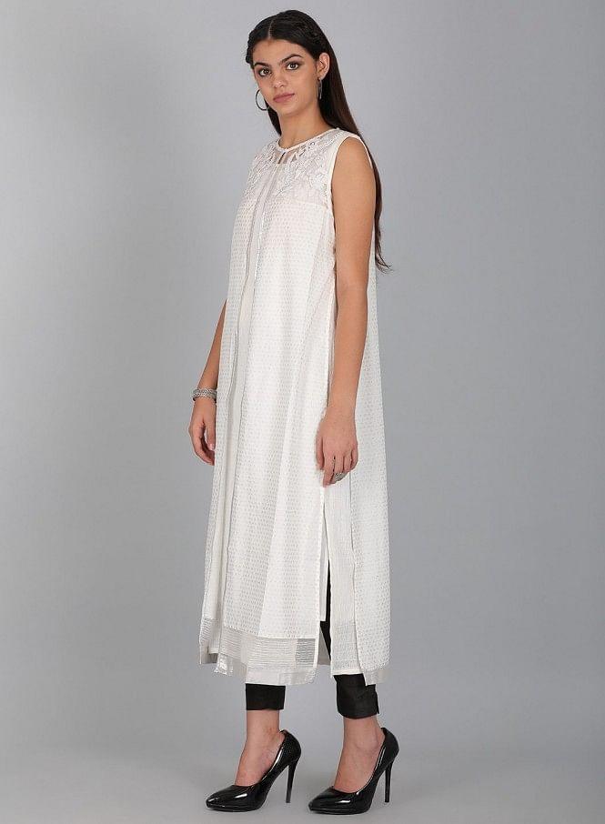 White Round Neck Printed Gillet - wforwoman