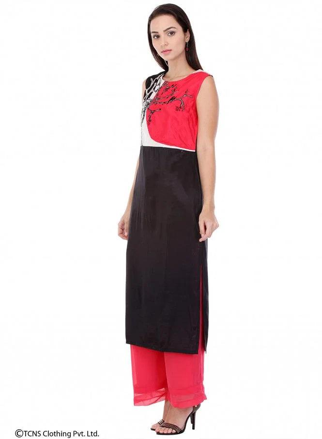 Black Printed Sleeveless kurta - wforwoman