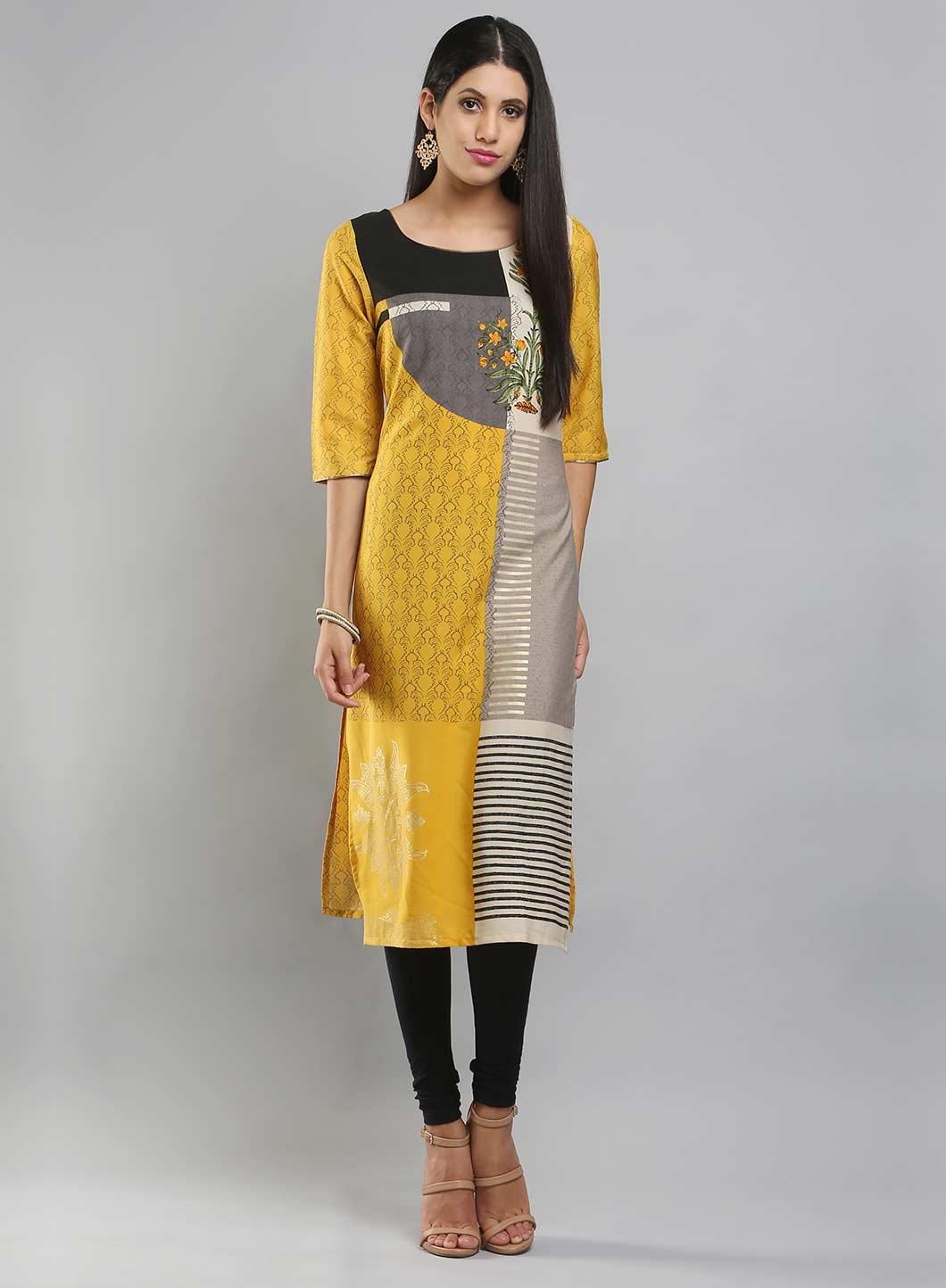 Yellow & Grey Colorblocked Printed kurta - wforwoman