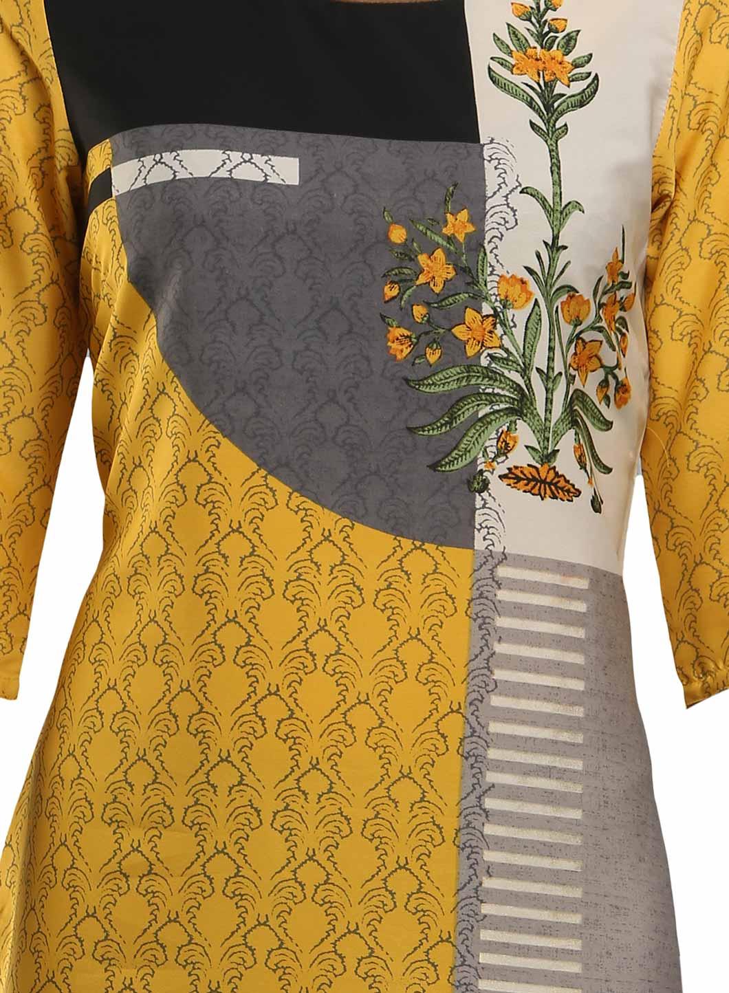 Yellow & Grey Colorblocked Printed kurta - wforwoman