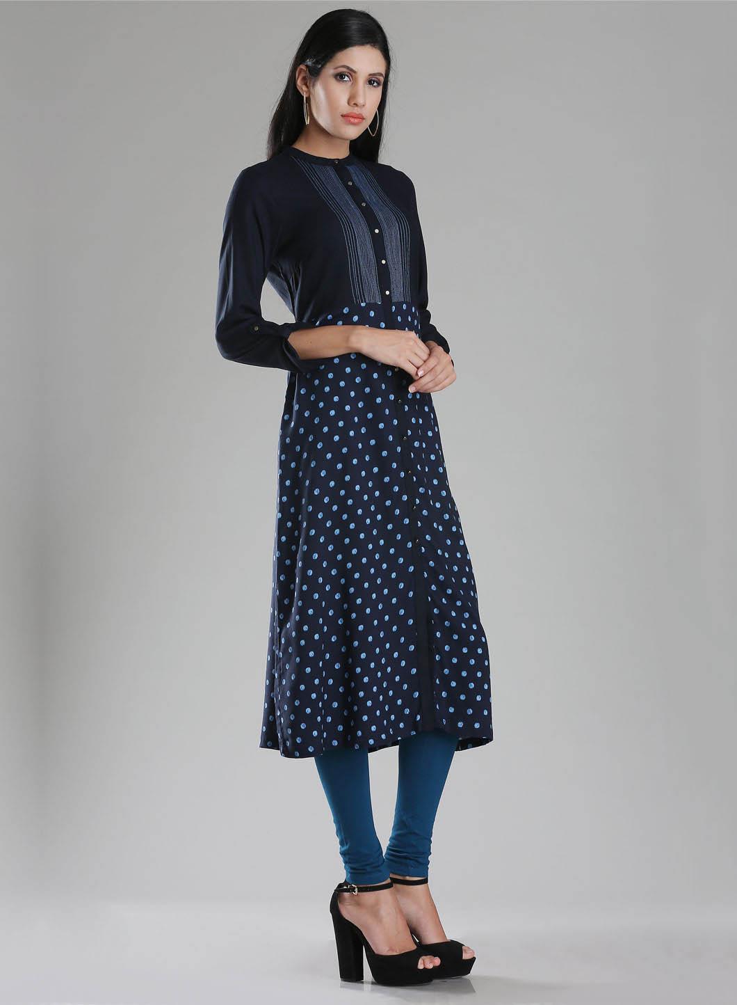Navy Printed Mandarin Neck kurta - wforwoman