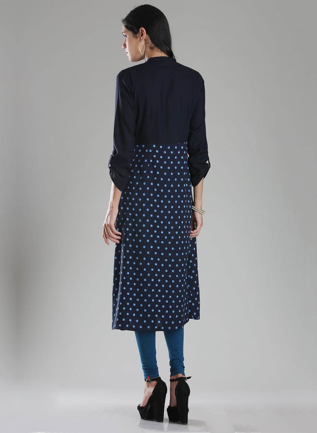 Navy Printed Mandarin Neck kurta - wforwoman