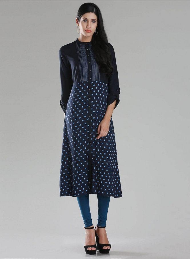 Navy Printed Mandarin Neck kurta - wforwoman
