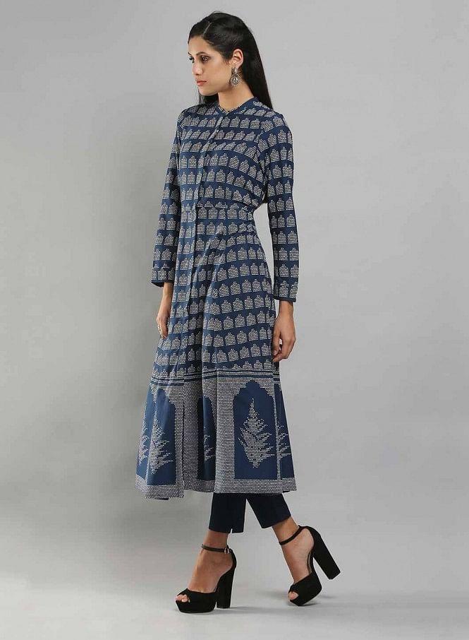 Navy Printed Mandarin Neck kurta - wforwoman