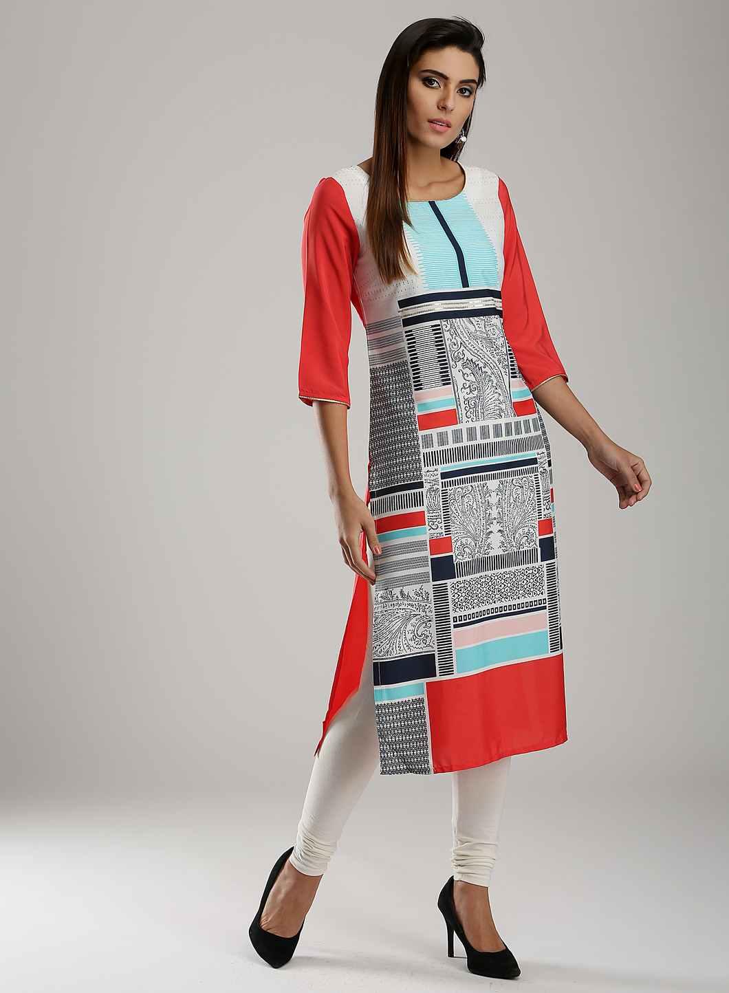 White & Blue Round Neck kurta - wforwoman