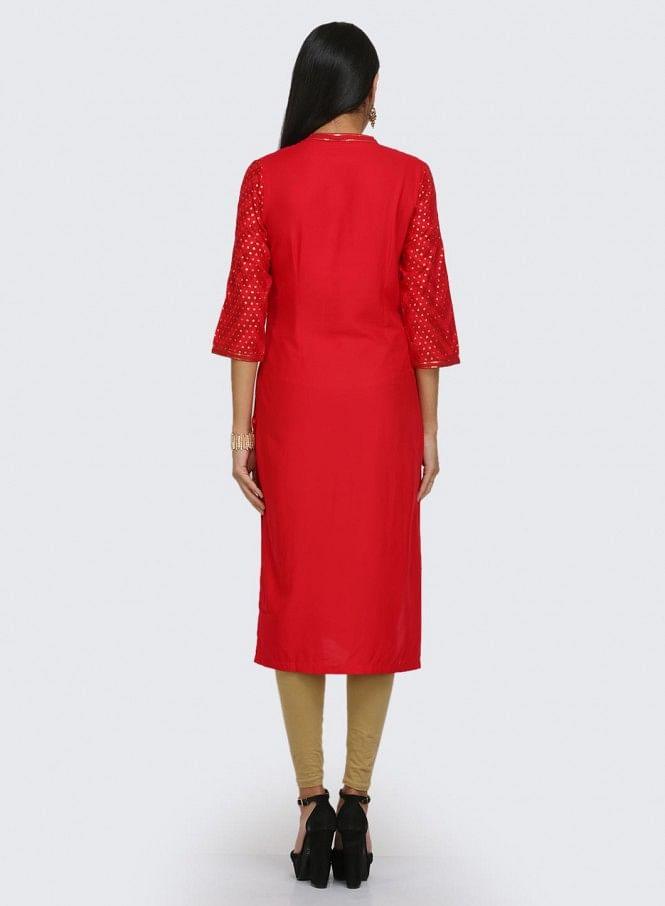 Red Printed Mandarin Neck kurta - wforwoman