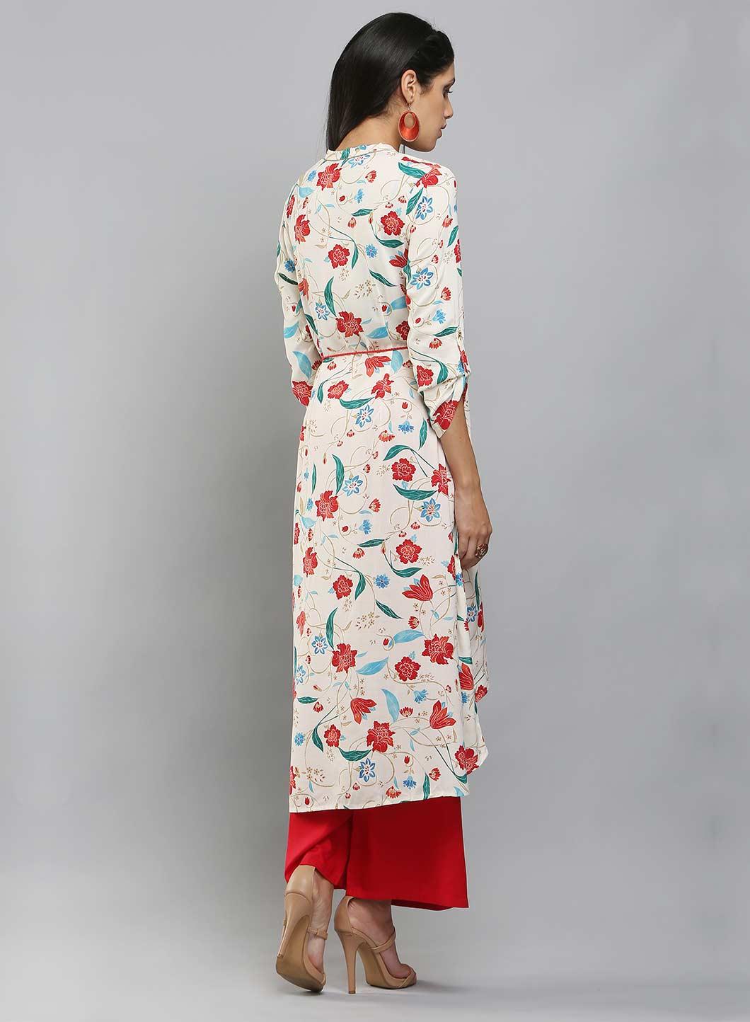 White Mandarin Neck Floral Print kurta - wforwoman