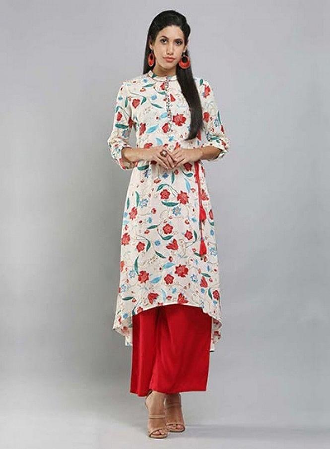 White Mandarin Neck Floral Print kurta - wforwoman