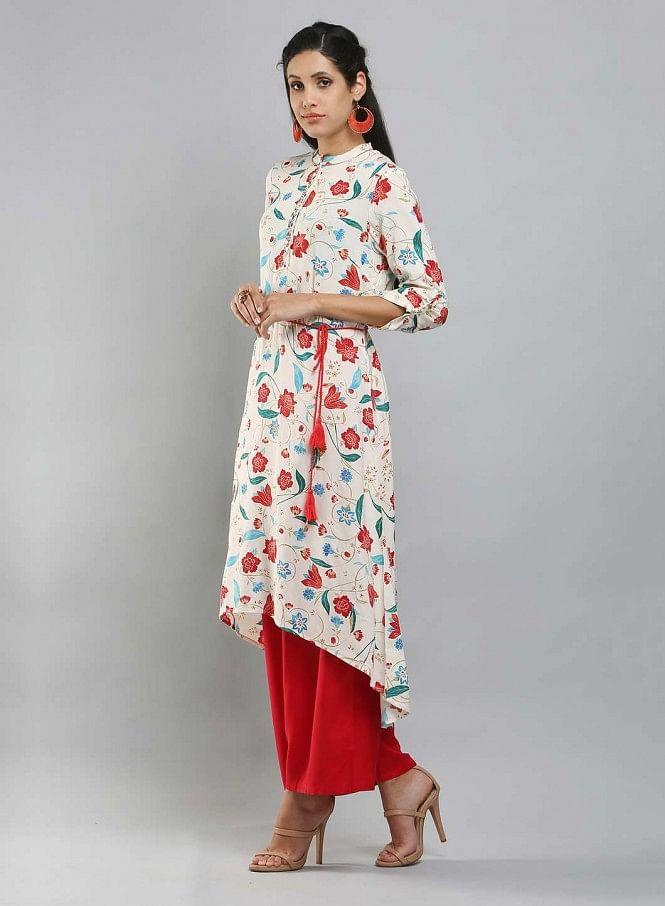 White Mandarin Neck Floral Print kurta - wforwoman