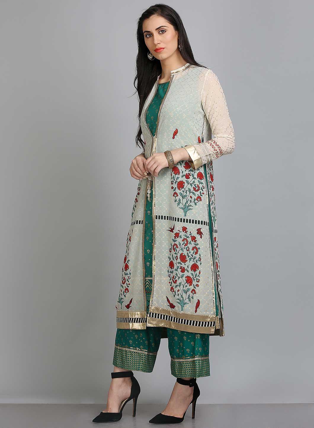 White & Green Printed Mandarin Neck kurta - wforwoman