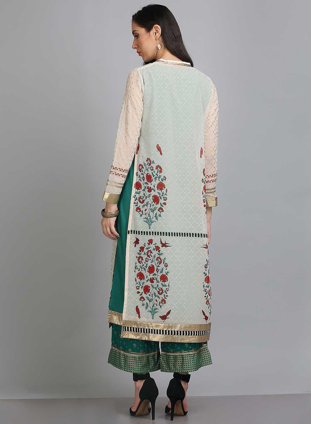 White & Green Printed Mandarin Neck kurta - wforwoman