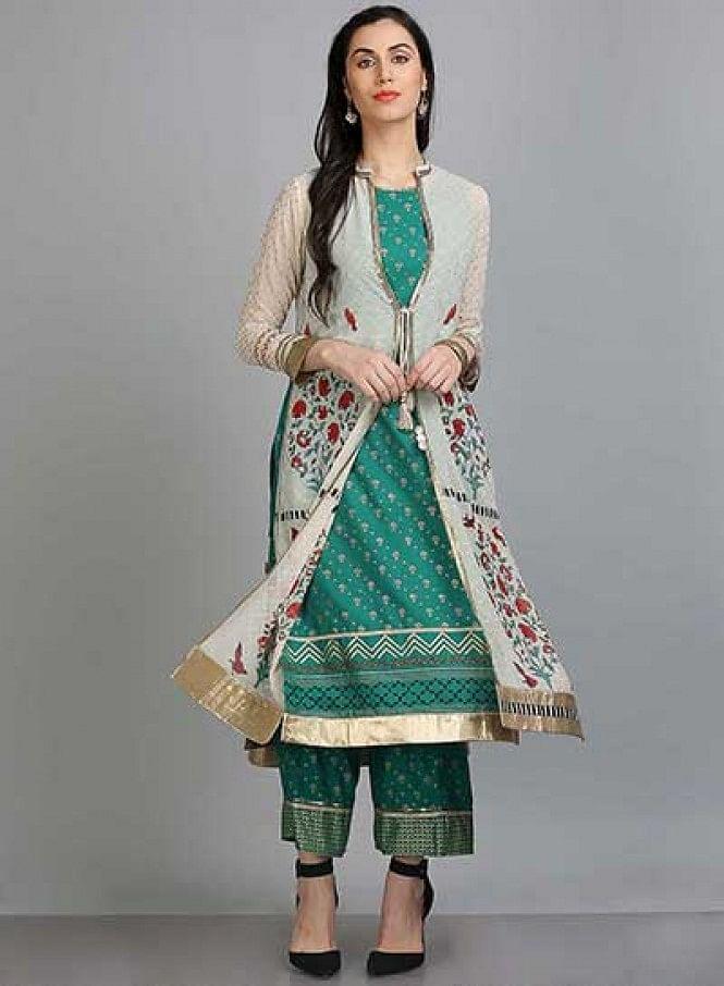 White & Green Printed Mandarin Neck kurta - wforwoman