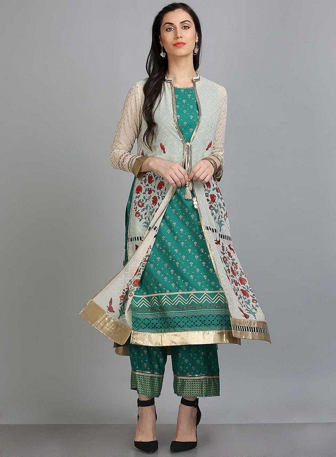 White & Green Printed Mandarin Neck kurta - wforwoman