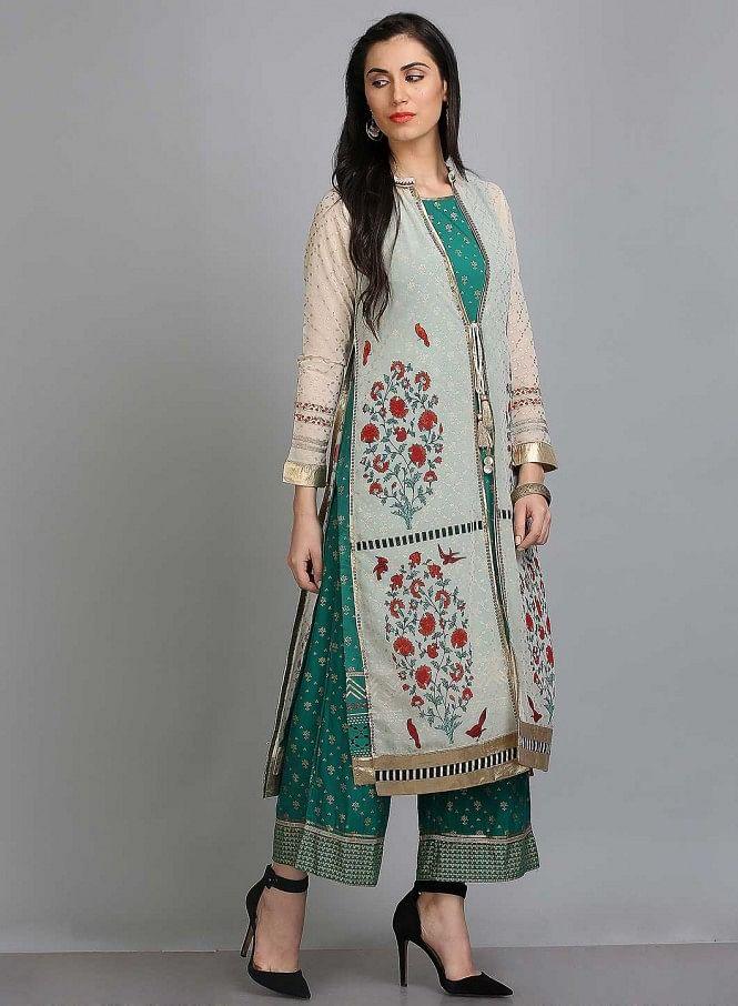 White & Green Printed Mandarin Neck kurta - wforwoman
