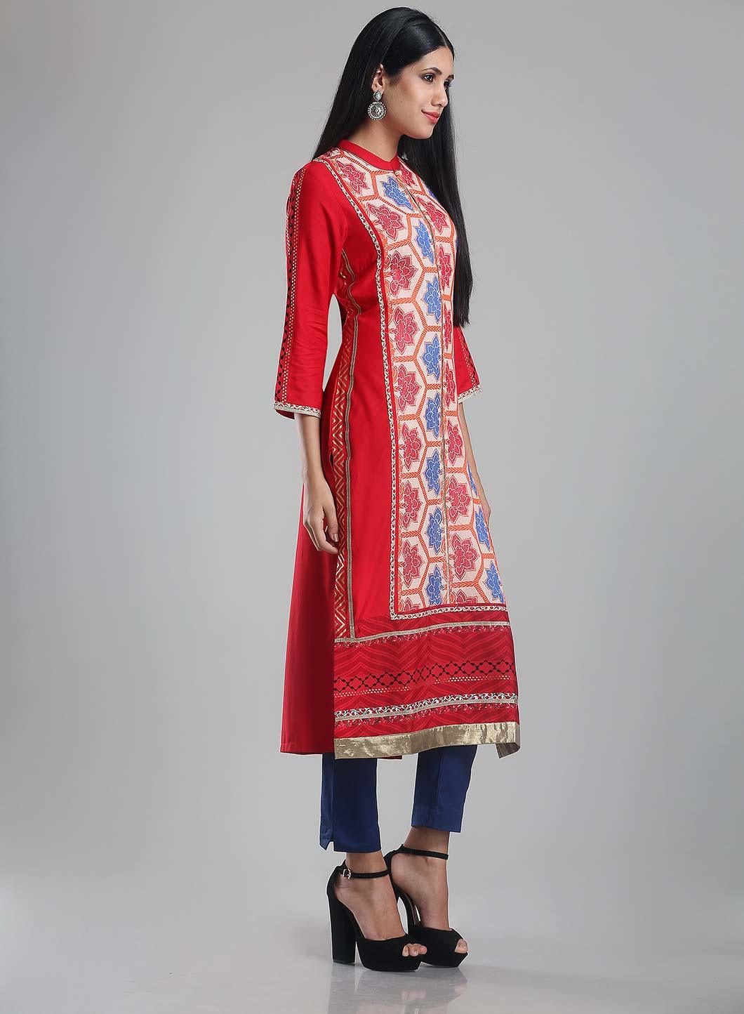 Red Mandarin Neck Printed kurta - wforwoman
