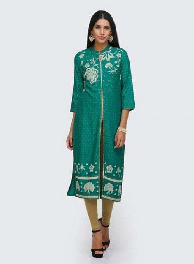 Green Printed Mandarin Neck kurta - wforwoman