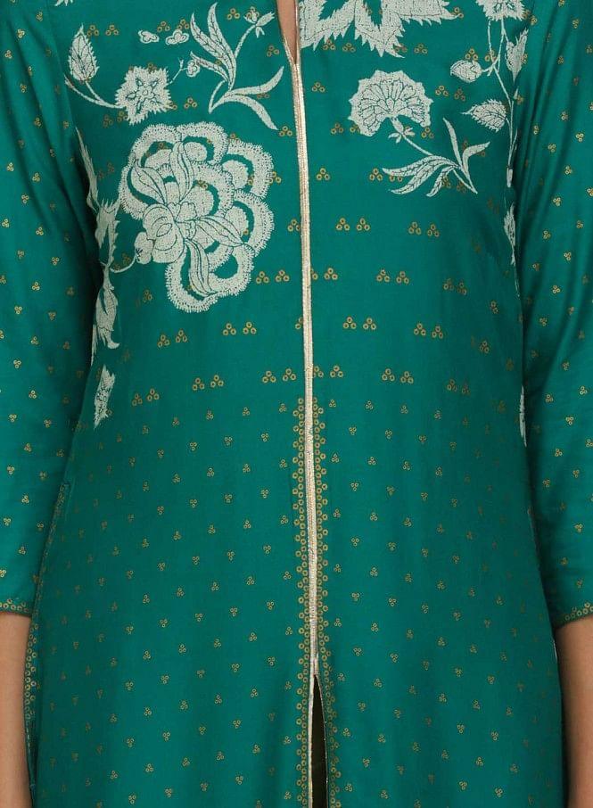 Green Printed Mandarin Neck kurta - wforwoman