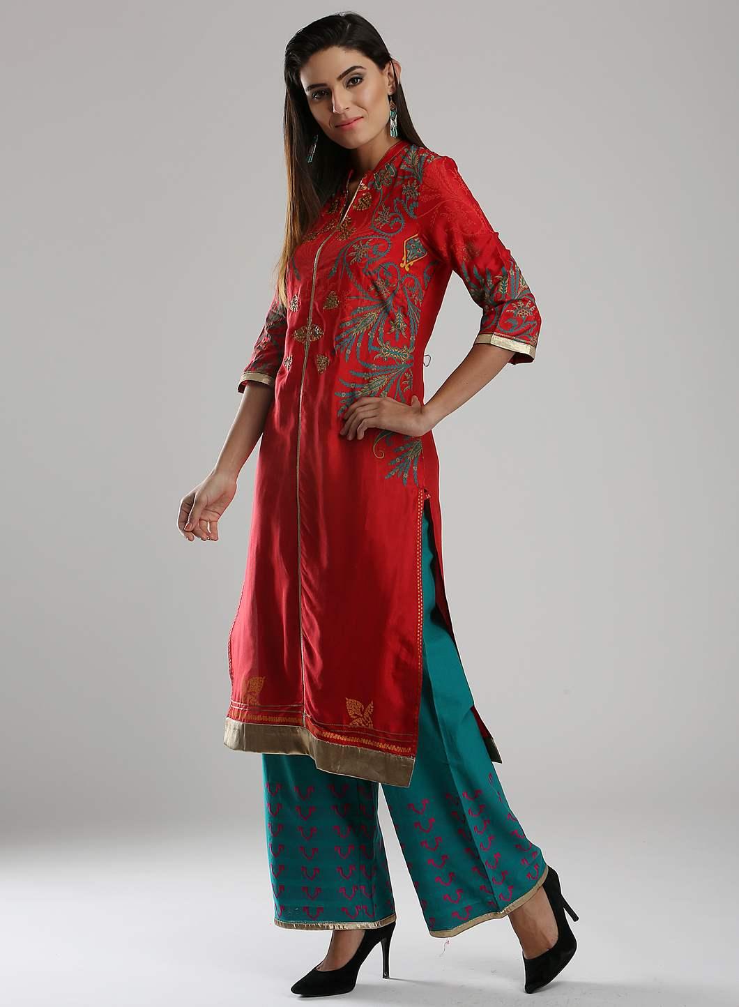 Red Printed Mandarin Neck kurta - wforwoman
