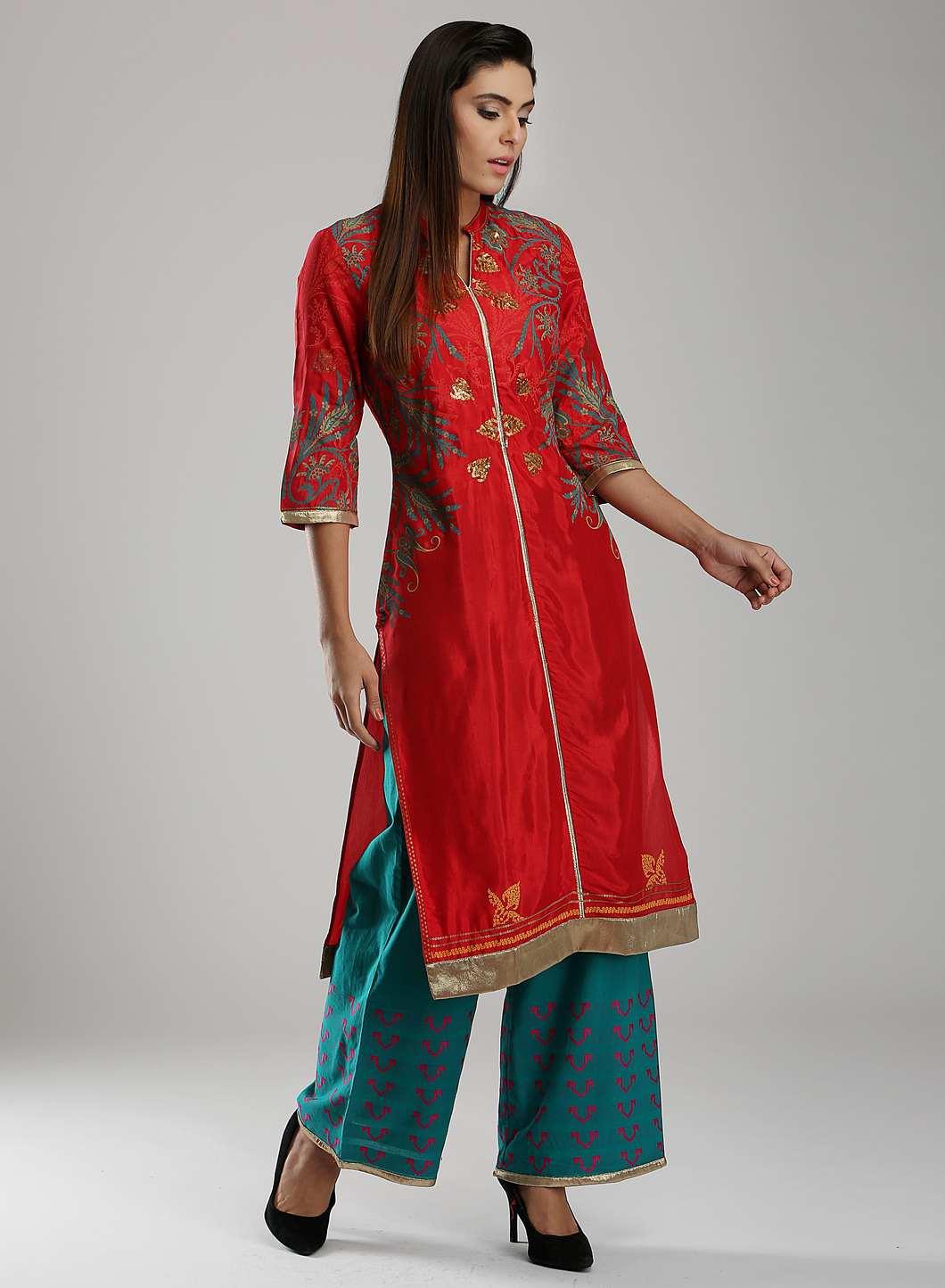 Red Printed Mandarin Neck kurta - wforwoman