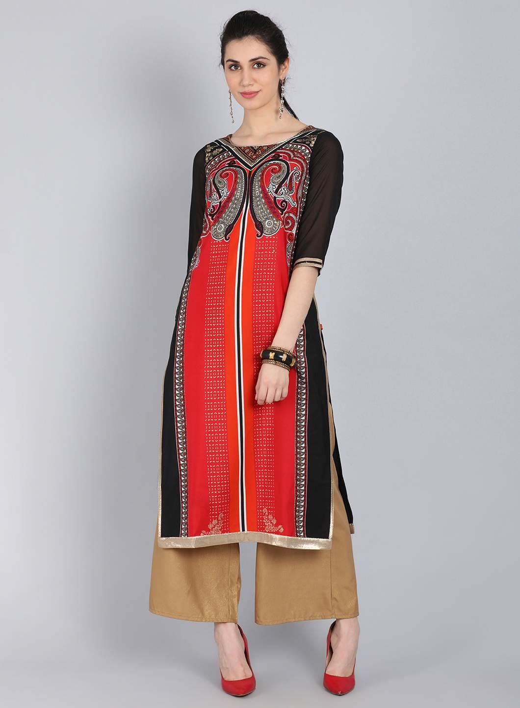 Red & Black Printed Round Neck kurta - wforwoman