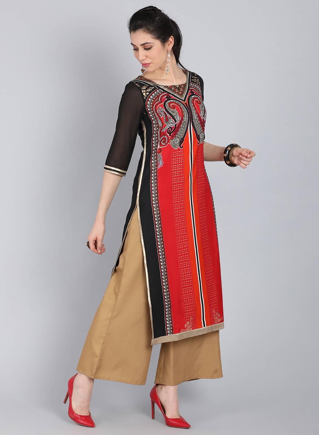 Red & Black Printed Round Neck kurta - wforwoman