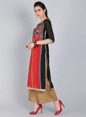 Red & Black Printed Round Neck kurta - wforwoman