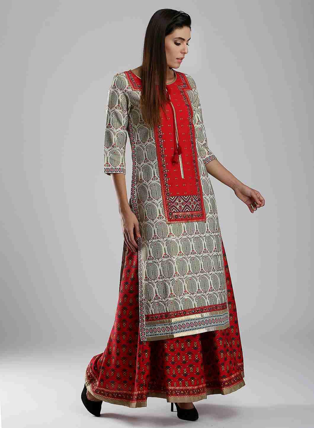 Off-White & Red Printed kurta - wforwoman