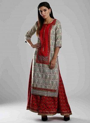 Off-White & Red Printed kurta - wforwoman