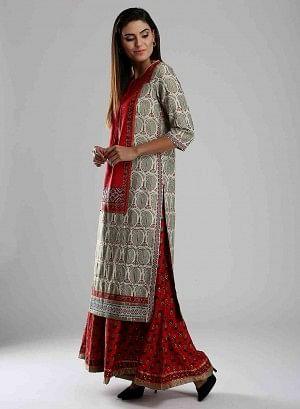 Off-White & Red Printed kurta - wforwoman