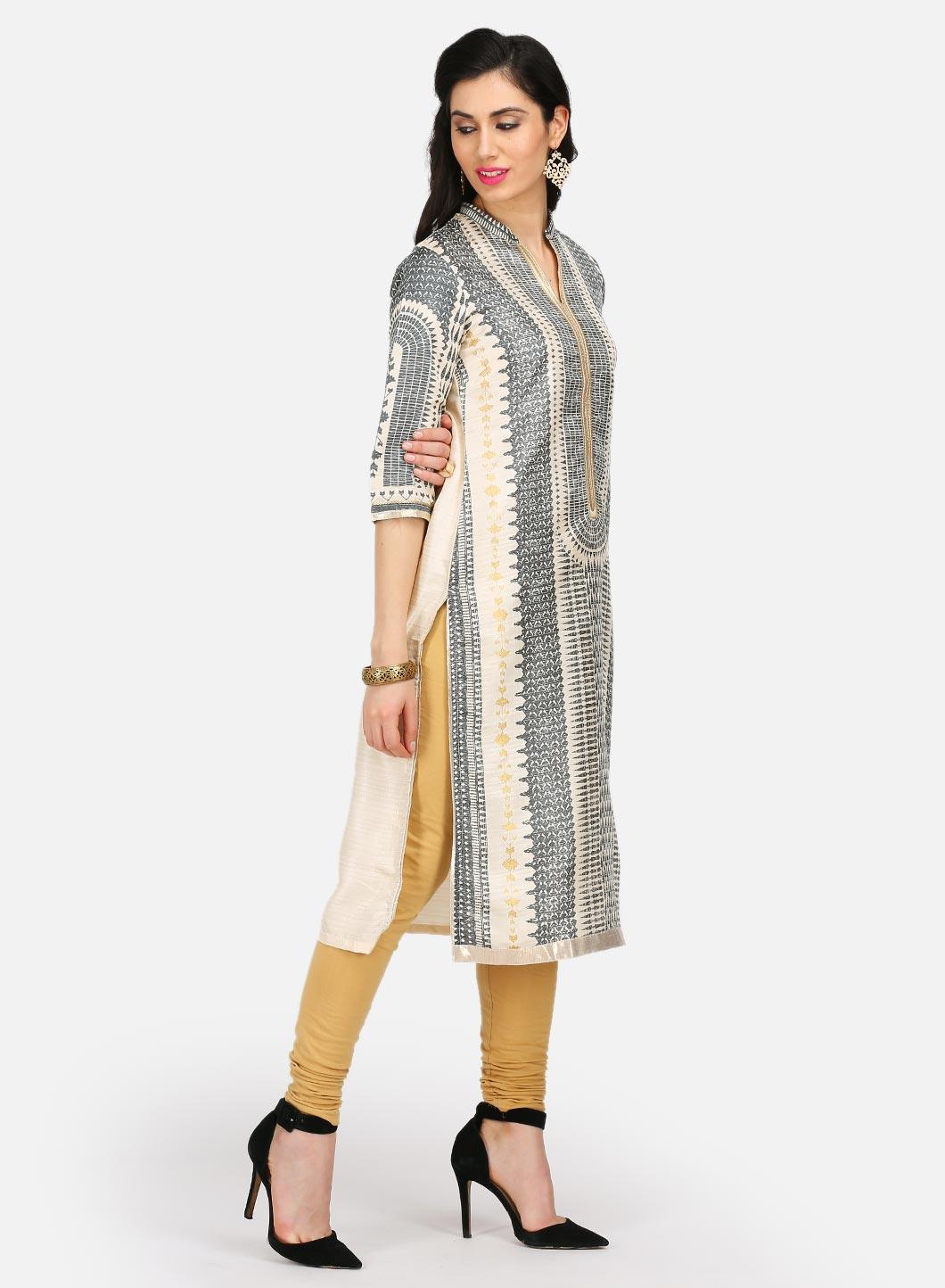 Grey Printed Mandarin Neck kurta - wforwoman