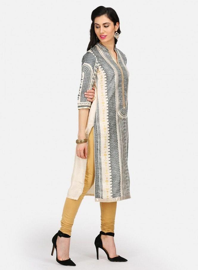 Grey Printed Mandarin Neck kurta - wforwoman