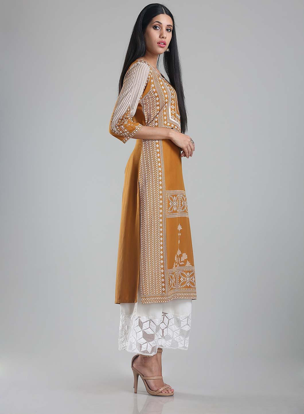 Yellow Printed Round Neck kurta - wforwoman