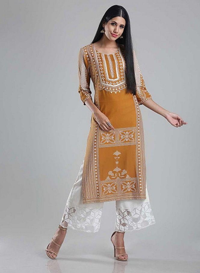 Yellow Printed Round Neck kurta - wforwoman