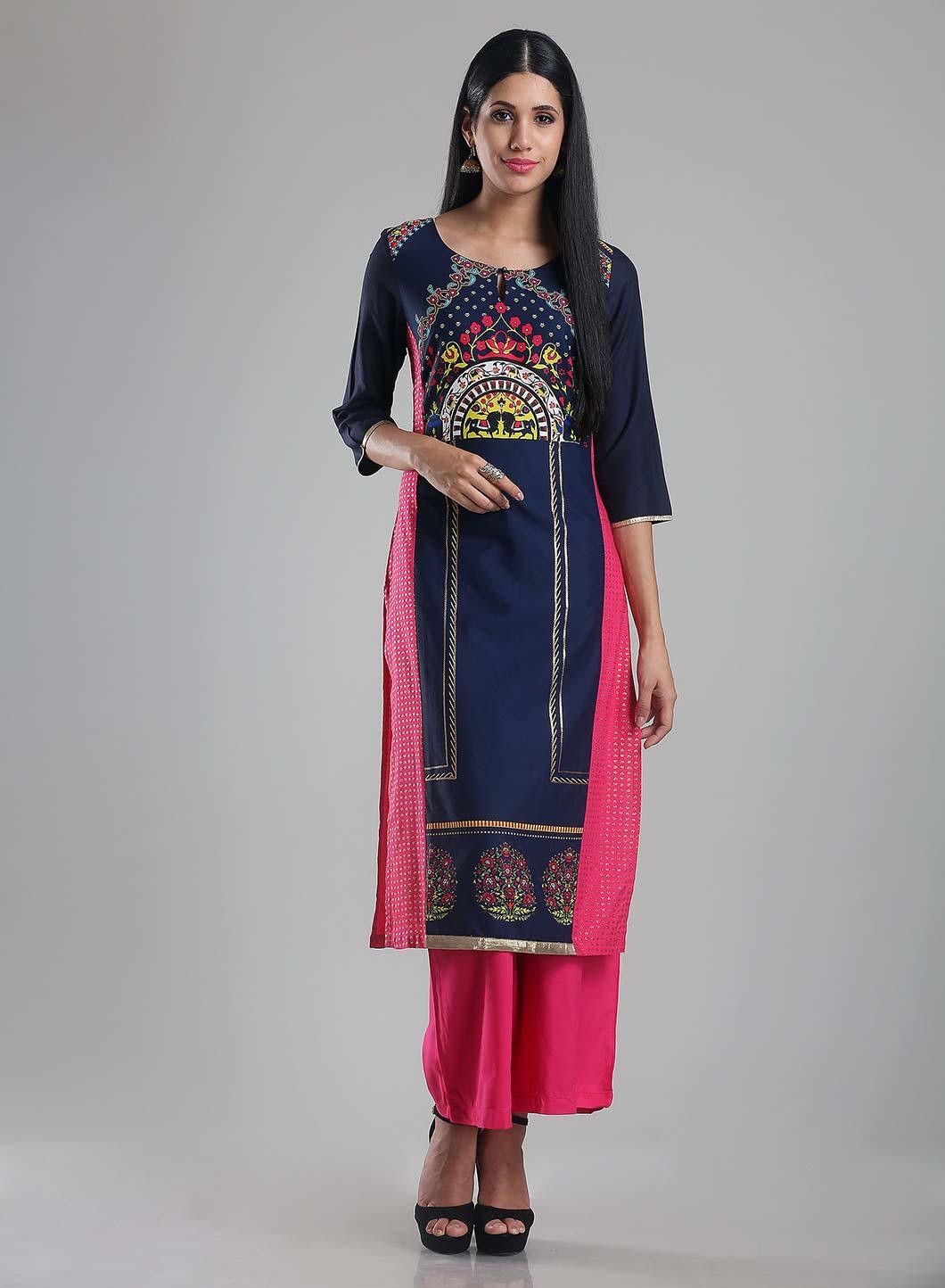 Navy & Pink Round Neck Printed kurta - wforwoman