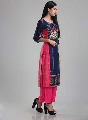 Navy & Pink Round Neck Printed kurta - wforwoman