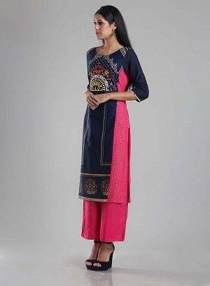 Navy & Pink Round Neck Printed kurta - wforwoman