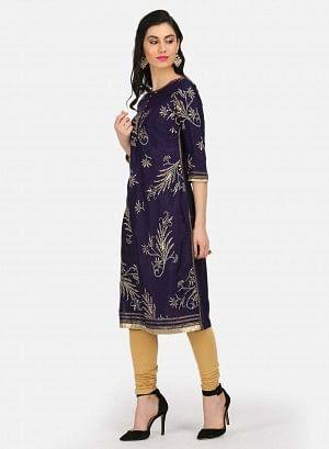 Purple Embellished Round Neck kurta - wforwoman