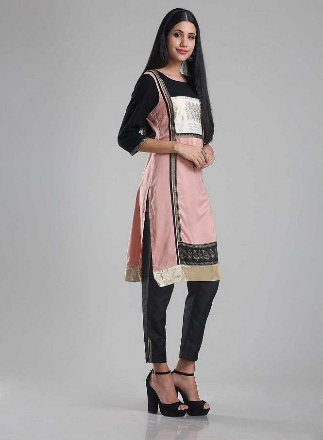 Pink & Black 3/4 Sleeve Printed kurta - wforwoman
