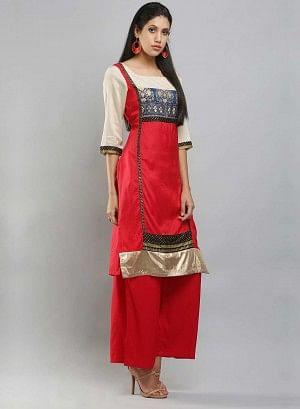 Red & Cream-coloured Square Neck Printed kurta - wforwoman