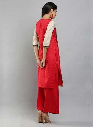 Red & Cream-coloured Square Neck Printed kurta - wforwoman