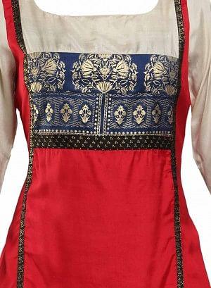 Red & Cream-coloured Square Neck Printed kurta - wforwoman
