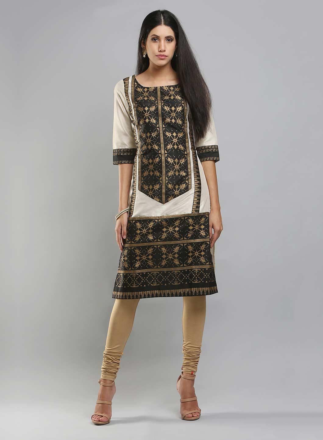 Off-White & Black Colorblocked Printed kurta - wforwoman